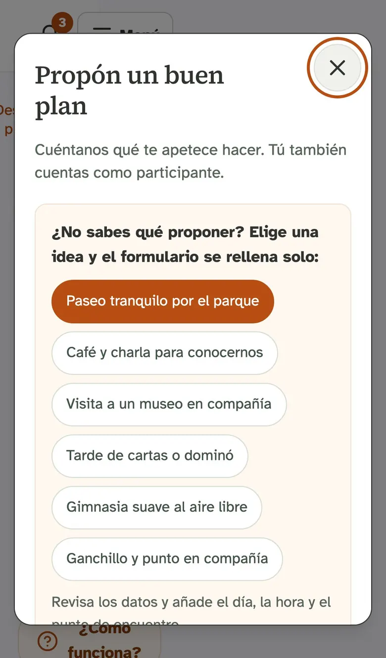 Ventana «Proponer actividad» con ideas de planes