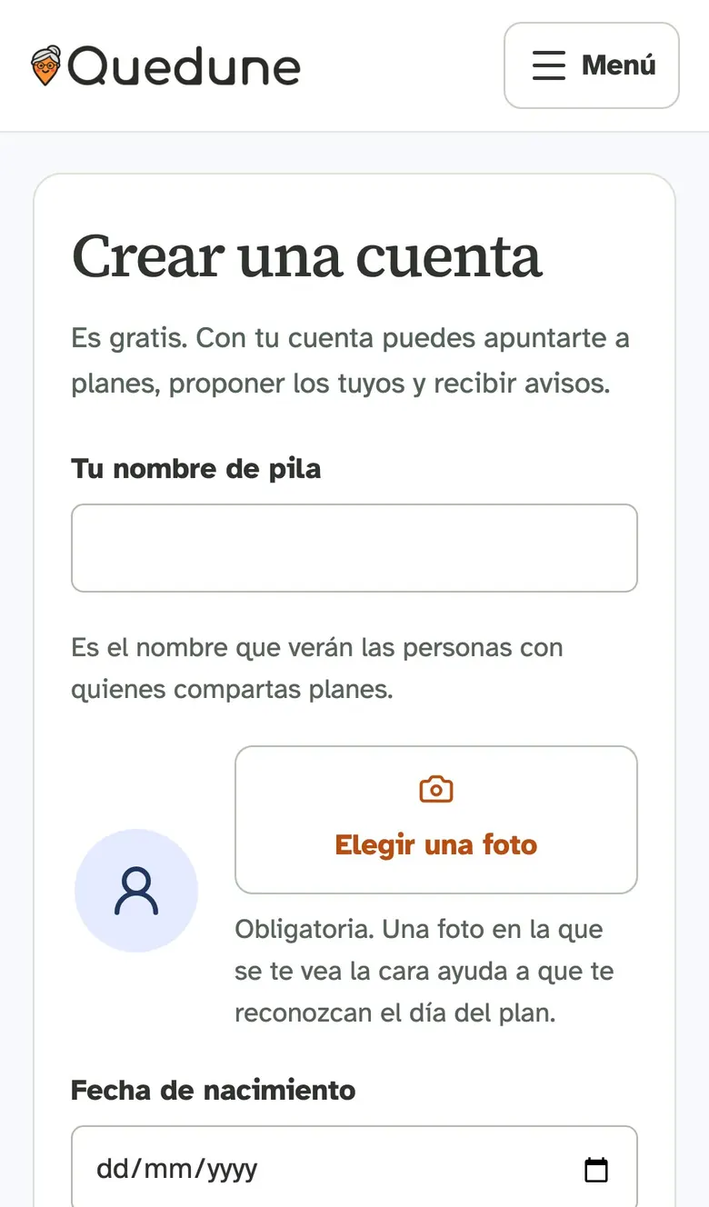 Formulario para crear una cuenta